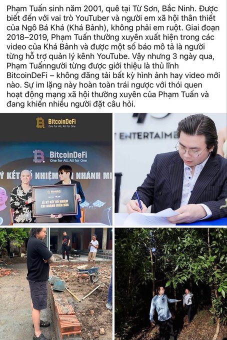 A Vietnamese news graphic about Phạm Tuấn (born 2001, from Bắc Ninh), described as YouTuber Ngô Bá Khá's (Khá Bảnh) younger brother, with images showing BitcoinDeFi branding and site construction work.