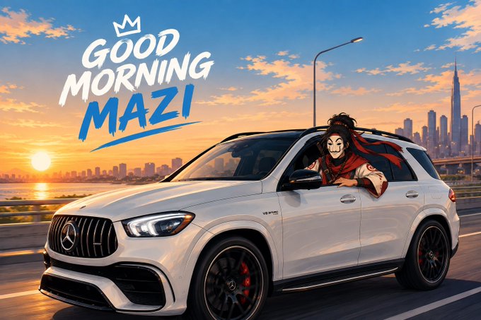 A digital illustration featuring a white Mercedes-Benz SUV at sunset with a masked, cloaked figure in the driver's seat and bold text reading 'GOOD MORNING MAZI' against a city skyline.