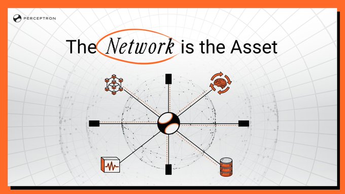 A presentation slide titled "The Network is the Asset" featuring the Perceptron logo and a diagram with interconnected nodes, data icons, and a central symbol.