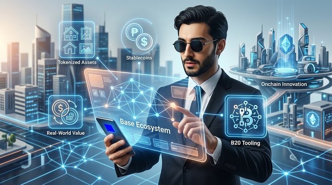 A futuristic promotional image features a man in sunglasses interacting with a glowing 'Base Ecosystem' hologram, surrounded by labels like 'Tokenized Assets', 'Stablecoins', 'Onchain Innovation', 'Real-World Value', and 'B20 Tooling'.