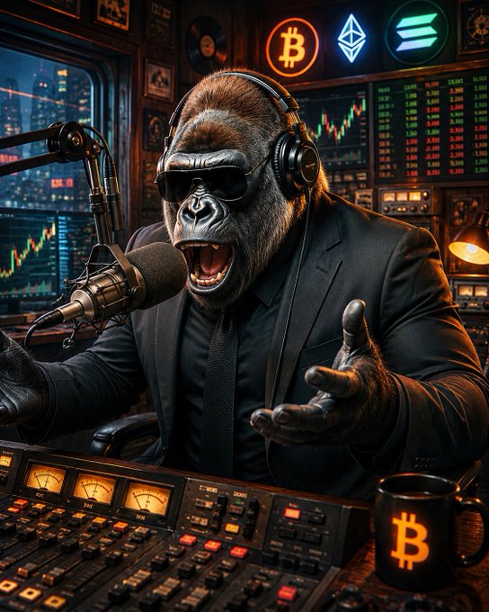 A digitally created image of a gorilla wearing sunglasses, a suit, and headphones, speaking into a microphone with Bitcoin and Ethereum logos in the background.