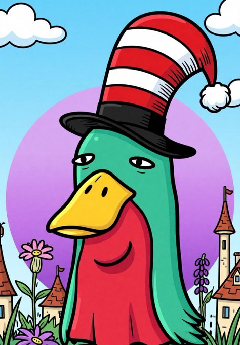 A colorful illustration of a green-headed character resembling a mashup of a duck and the Cat in the Hat, wearing the iconic red and white striped hat against a whimsical background.
