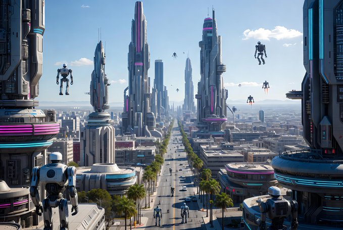 A futuristic sci-fi cityscape featuring tall skyscrapers with neon pink and blue accents, palm-tree lined streets, and humanoid robots flying in the sky and standing on balconies.