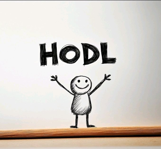 A black-and-white sketch of a smiling stick figure with arms raised in celebration, with the word "HODL" written in bold letters above it.