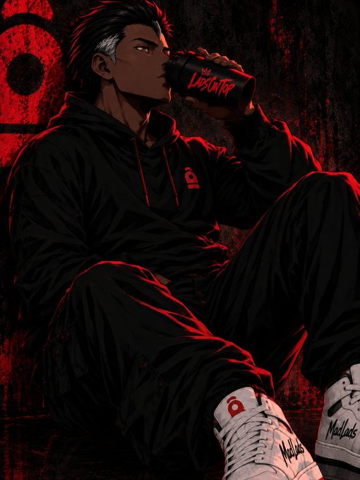 An anime-style digital illustration of a young man with dark hair drinking from a black 'Landscaper' mug, wearing a black hoodie and Madballs branded sneakers, set against a red and black dramatic background.