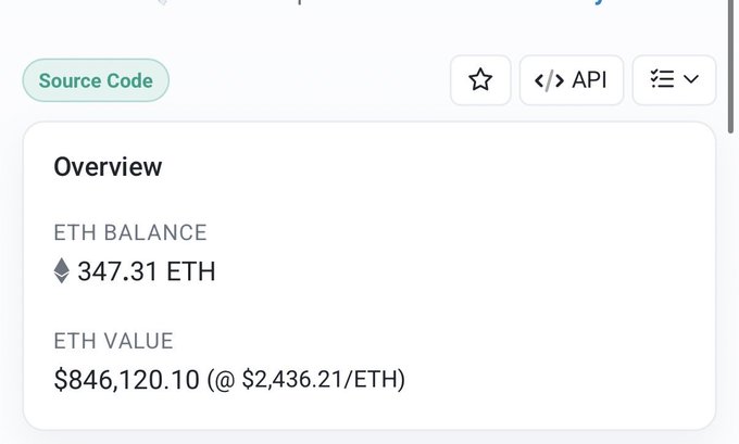 An Etherscan source code page displays an overview of an Ethereum contract address holding 347.31 ETH valued at $846,120.10, illustrating the dramatic drop in the contract's funds from over $64 million to under $1 million referenced in the post about unclaimed NFTs and refunds.