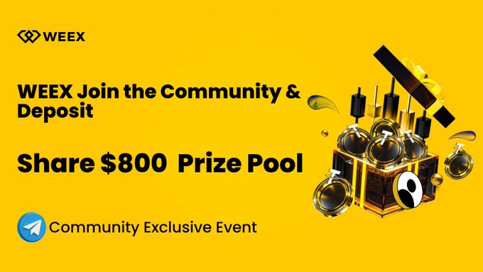 A vibrant yellow promotional banner for WEEX features the text "WEEX Join the Community & Deposit" and "Share $800 Prize Pool," alongside a 3D illustration of a treasure chest overflowing with bombs and gold, matching the post's announcement of a $800 USDT prize pool giveaway for 100 winners.