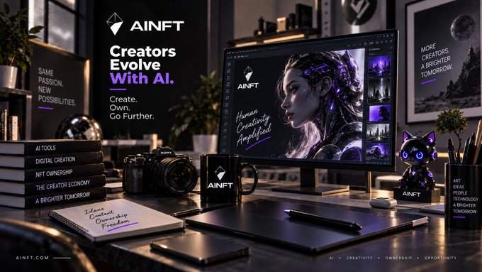 A promotional graphic for 'AINFT' featuring the tagline 'Creators Evolve With AI' on a monitor displaying artwork of a woman, with text including 'Human Creativity Amplified' and 'AINFT.COM' visible in a workspace setting.