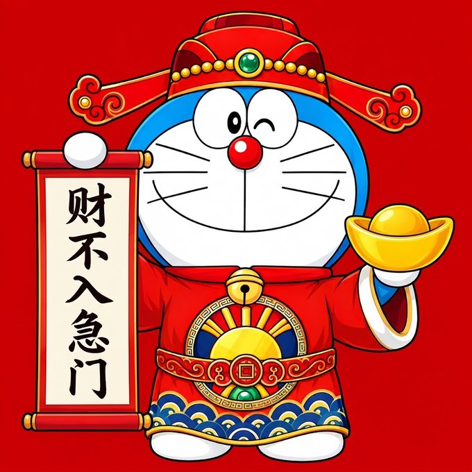 Doraemon cartoon, a two-dimensional Japanese animation style, is pictured wearing traditional Chinese attire, including a red hat with a green jewel, a red robe with elaborate patterns, and holding a gold ingot and a scroll bearing the Chinese characters '財不入急門'.