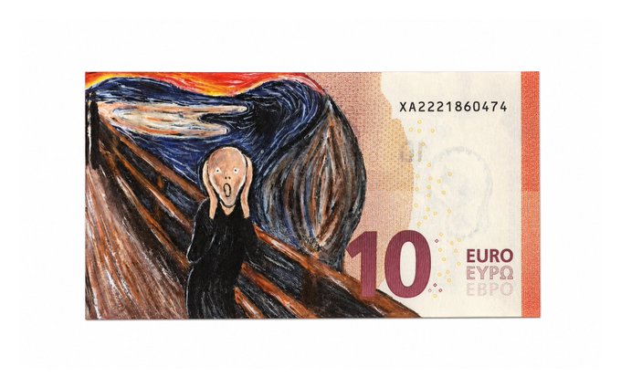 A 10 Euro banknote featuring Edvard Munch's 'The Scream' artwork, with serial number 'XA2221860474'.