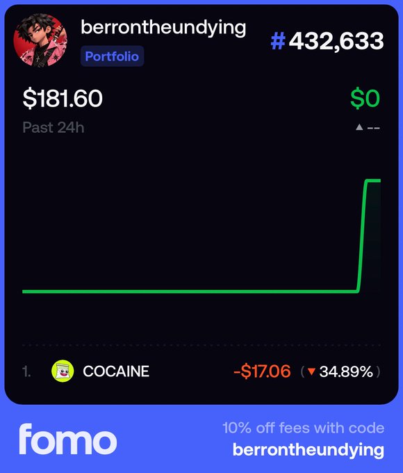 A screenshot of a 'fomo' app interface showing a portfolio for 'berrontheundying' worth $181.60, featuring a green line graph and a satirical asset labeled 'COCAINE' showing a 34.89% drop.