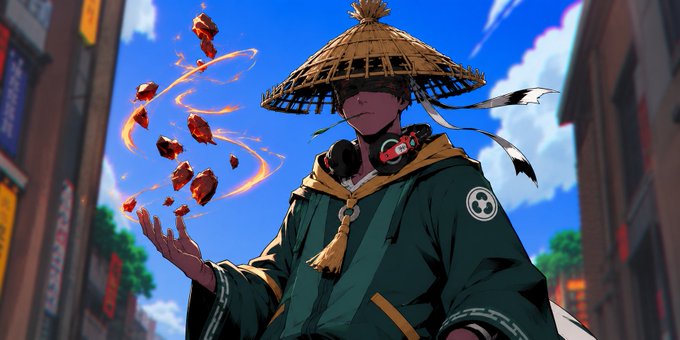 An anime-style illustration of a character in a straw conical hat and green robe conjuring floating meat pieces with orange energy trails in an urban setting.