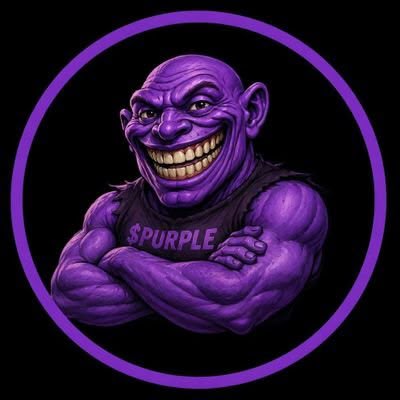 A purple cartoon character with a wide grin, muscular build, and crossed arms wearing a shirt that says 'SPURPLE' inside a purple circular border on a black background.