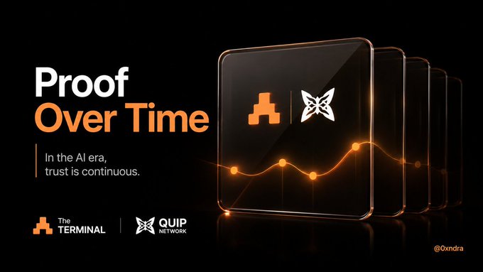 A dark promotional graphic displays the bold text "Proof Over Time" with the tagline "In the AI era, trust is continuous," alongside logos for "The Terminal" and "Quip Network," visually representing continuous AI verification through a stack of glowing panels showing an upward-trending data line. The image reinforces the post's message about ongoing AI behavior monitoring and trust verification through partnerships between The Terminal and Quip Network.