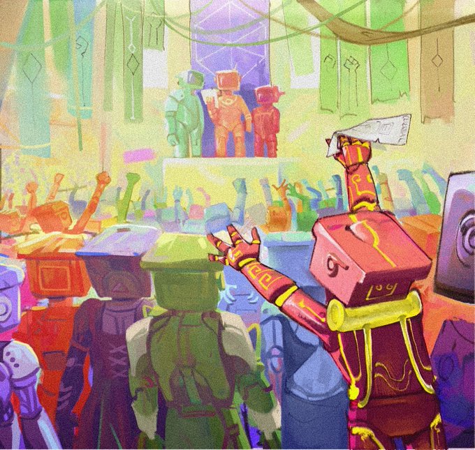 A colorful, stylized digital illustration depicting a crowd of box-headed figures in a futuristic setting, with one figure in the foreground waving a paper that reads "LMAO."