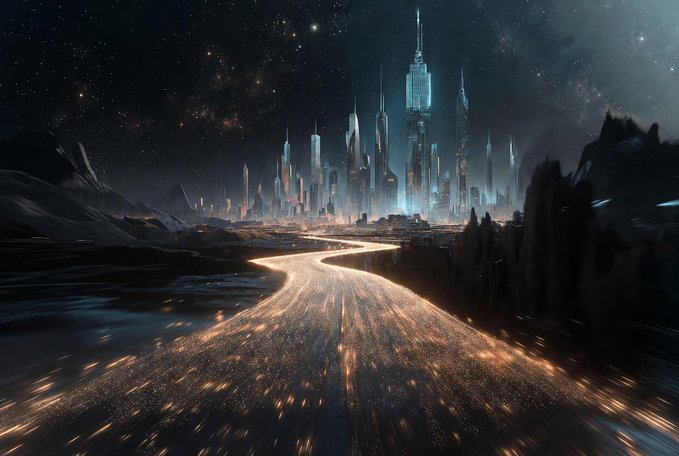 A futuristic sci-fi cityscape at night with towering neon skyscrapers and a glowing road leading toward it under a starry sky.