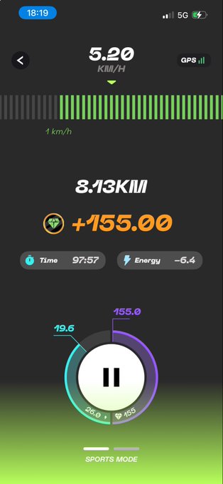 A STEPN app screenshot showing a walking session at 5.20 km/h with 8.13 km distance and +155.00 tokens earned, energy at -6.4 and time at 97:57 in Sports Mode. The image reflects the poster's ongoing walk toward their 42km goal, capturing real-time stats as they debate stopping for dinner.