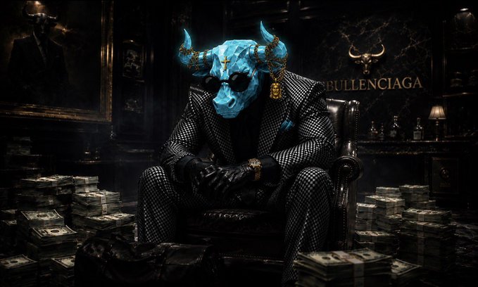 A figure wearing a turquoise bull mask with gold crosses and a checkered suit sits on a dark throne surrounded by stacks of cash, with 'BULLENCIAGA' written on the wall behind.
