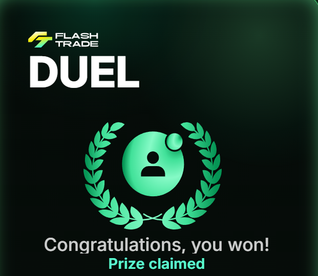 The image shows a FlashTrade "DUEL" winner notification with a green laurel-wreathed user icon and the message "Congratulations, you won! Prize claimed." The graphic celebrates the poster's victory and $2,000 prize in the FlashTrade Duel contest, which they acknowledged alongside fellow participants @sol_nxxn, @mango_, @lochie_sol, and @derparsel.