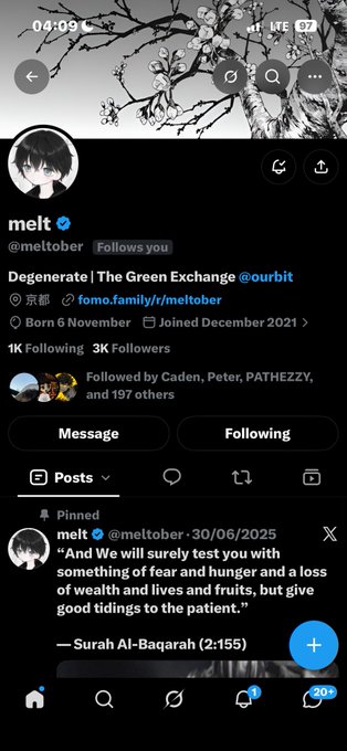 Twitter/X profile page for "melt" (@meltober), bio reads "Degenerate | The Green Exchange @ourbit", joined November 2021, with a pinned Quran quote from Surah Al-Baqarah (2:155).