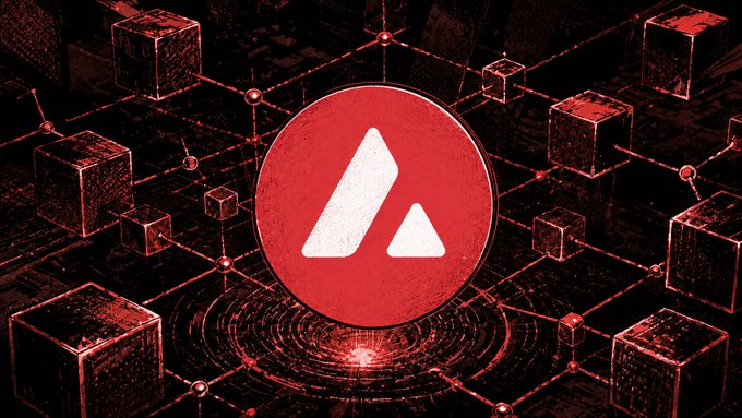 A stylized red and black graphic featuring a red circular logo with a white 'A' symbol surrounded by floating 3D cubes connected by lines, resembling a blockchain or network visualization.