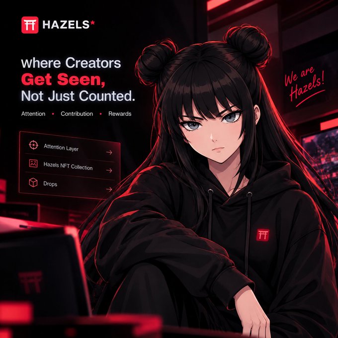 A promotional graphic featuring an anime-style female character with dark hair in twin buns, advertising 'HAZELS' with the tagline 'Where Creators Get Seen, Not Just Counted' and menu items like Attention Layer, Hazels NFT Collection, and Drops.