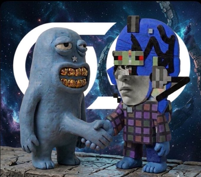 A surreal 3D-rendered image of a blue blob-like creature shaking hands with a pixelated character in blue and purple checkered clothing against a cosmic space background.
