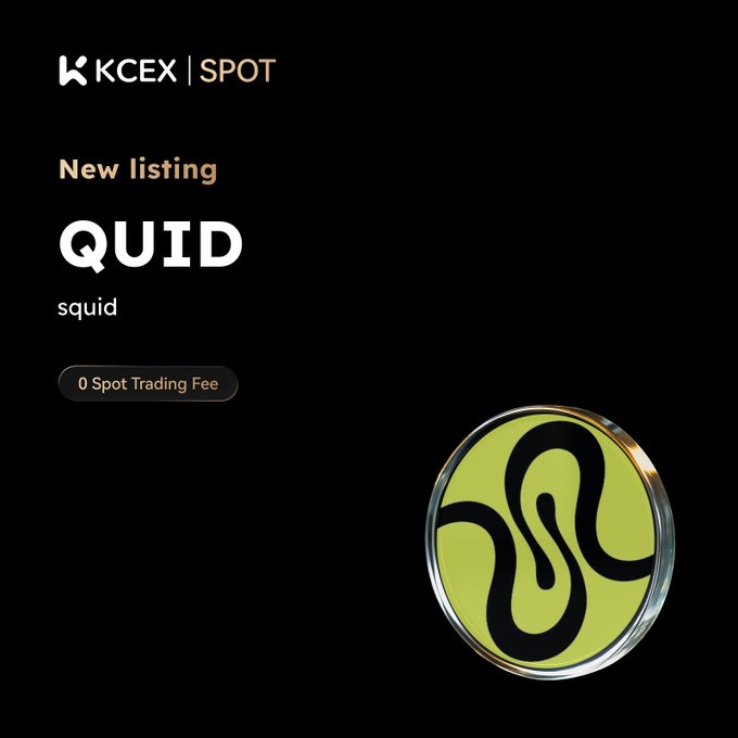 Promotional graphic announcing the new QUID (squid) spot listing on KCEX exchange, featuring 0 Spot Trading Fee and the token's green circular logo.