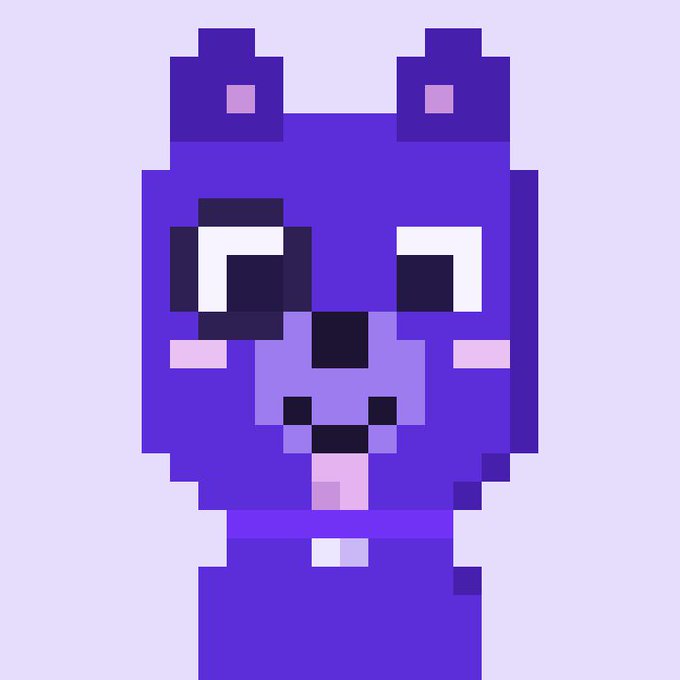 A pixel art illustration of a purple dog character against a light lavender background, likely serving as the mascot or visual branding for the "4444 dogs" NFT minting project referenced in the post.