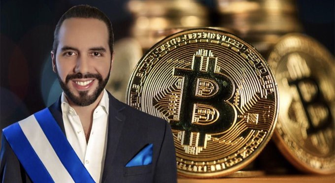 A composite image showing Nayib Bukele, the President of El Salvador wearing his blue and white presidential sash, alongside large golden Bitcoin coins.