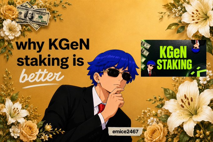 A promotional graphic titled 'why KGeN staking is better' featuring an anime-style character in a suit and sunglasses, with a 'KGeN STAKING' thumbnail in the corner and the username 'emice2467'.