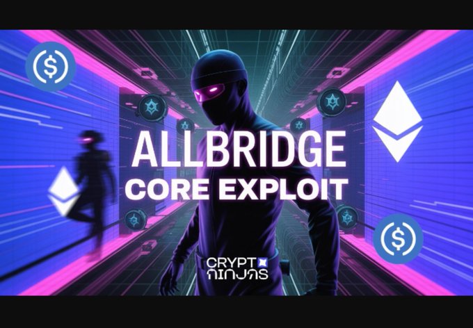 A cyberpunk-style graphic with neon pink and blue colors featuring a hooded figure and the text 'ALLBRIDGE CORE EXPLOIT' alongside ETH logos, credited to 'CRYPTO NINJAS'.