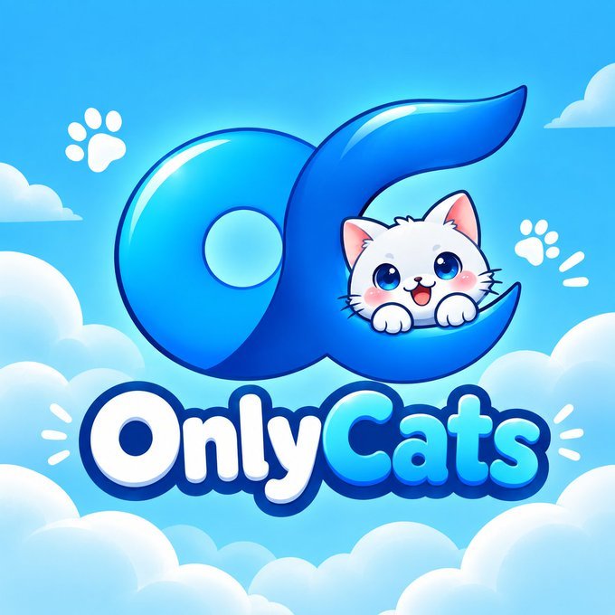 A bright, cartoon-style logo features a white kitten peeking out from inside a large blue letter "O," with the text "OnlyCats" displayed below against a sky-blue background filled with fluffy clouds and paw print accents—matching the $ONLYCATS Solana memecoin branding referenced in the post.