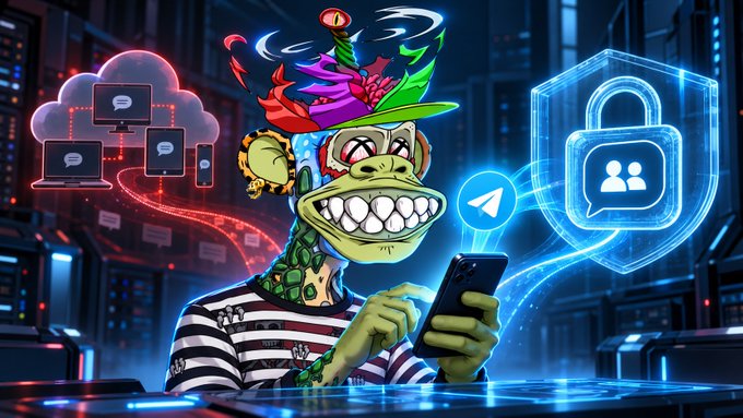 Neon-lit digital artwork featuring a cartoonish green ape or goblin character holding a smartphone, surrounded by chat bubbles, a shield icon, and a Telegram logo.