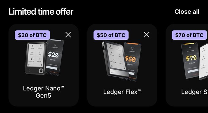 A limited-time offer banner from Ledger displays $20, $50, and $70 of BTC promotions for the Ledger Nano Gen5, Ledger Flex, and Ledger Stax wallets. The image relates to the post by showcasing Ledger's current Bitcoin reward promotions, which the user likely referenced when mentioning finding free BTC in their Ledger wallet.