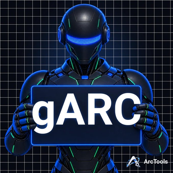 A futuristic blue robot holding a glowing sign that displays 'gARC' with the ArcTools logo in the bottom right corner.