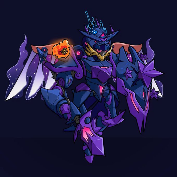 A stylized illustration of a mecha character with purple and dark blue armor, featuring glowing pink accents, cosmic-patterned wings, and an orange flame-like flower emblem.