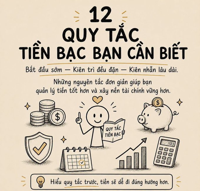 The image is an infographic titled "12 QUY TẮC TIỀN BẠC BẠN CẦN BIẾT" (12 Money Rules You Need to Know), featuring hand-drawn doodles of coins, a piggy bank, a calendar, a calculator, a shield, and a stick figure holding a book labeled "QUY TẮC TIỀN BẠC." The Vietnamese subtitle advises starting early, being consistent, and staying patient ("Bắt đầu sớm – Kiên trì đều đặn – Kiên nhẫn lâu dài"), aligning with the post's message about building wealth and achieving financial freedom.
