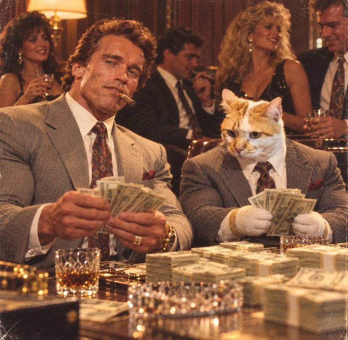 A retro-styled image shows a man in a suit holding cash and a cigar next to an anthropomorphic cat in a suit holding money at a casino table.