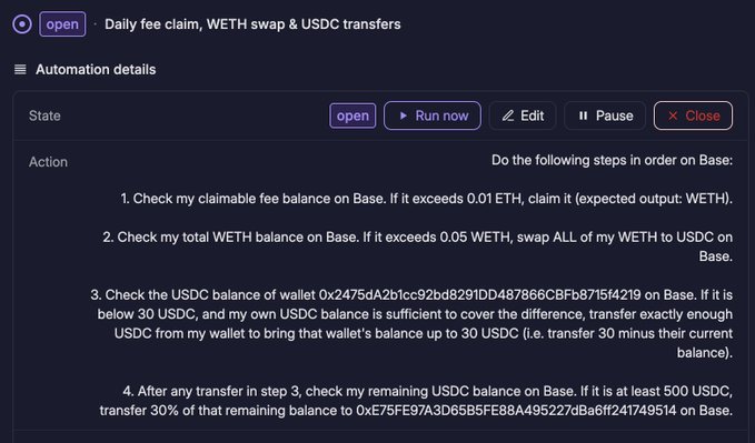 The image shows an open Bankrbot automation configured on Base with four sequential steps: claim fees if WETH balance exceeds 0.01 ETH, swap all WETH to USDC if it exceeds 0.05 WETH, top up wallet 0x2475dA2b1cc92bd8291DD487866C8Fb8715f4219 to 30 USDC, and send 30% of remaining USDC to wallet 0xE75FE97A3D65B5FE88A495227dBa6ff24f749514. This corresponds to the post's description of a daily automation that claims fees, converts to USDC, tops up designated wallets for Surplus and LPing, and allocates ~30% to support $SLEUTH via one-sided liquidity provision.