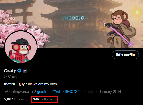 A Twitter/X profile for 'Craig' (@_Craig_) with the bio 'that NFT guy / views are my own', showing a pixel art avatar and 'THE DOJO' banner, with 24K Followers highlighted in a red box.