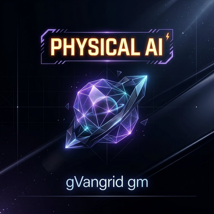 A digital graphic features a glowing "PHYSICAL AI" banner above a neon-lit, low-poly geometric object and the text "gVangrid gm".