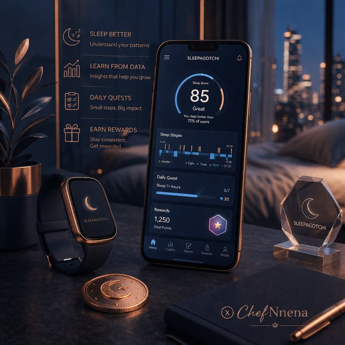 A promotional image for 'SLEEPAGOCHI' app featuring a smartphone displaying a sleep score of 85, alongside a wearable sleep tracker, a reward coin, and a crystal trophy on a nightstand with city skyline visible through the window.