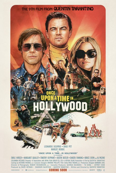 The official movie poster for Quentin Tarantino's 'Once Upon a Time... in Hollywood' featuring Leonardo DiCaprio, Brad Pitt, and Margot Robbie.