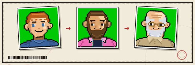 A pixel art illustration shows a man's progression through three stages of life—young, middle-aged, and elderly—against green backgrounds, representing an aging NFT concept with token integration.