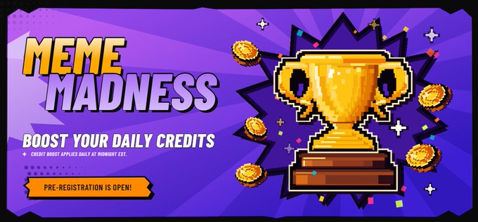 A vibrant promotional banner for "MEME MADNESS" featuring a pixel-art gold trophy surrounded by coins on a purple background, with text reading "BOOST YOUR DAILY CREDITS" and "PRE-REGISTRATION IS OPEN!" The image advertises the Meme Madness tournament by Cade Market, which is offering a $100,000 USDC prize pool and an open whitelist for pre-registration.