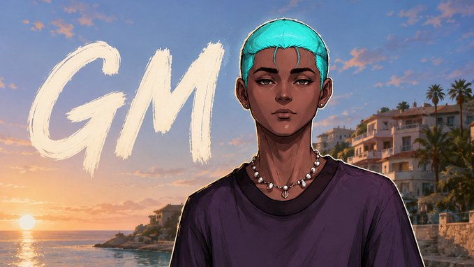 moonglow_1023198943 The image shows a character with blue hair labeled "GM" against a scenic seaside sunset, reflecting the post..."gm ct Lets make today worth it" Through the usage of "GM", it appears to be more than likely referring to the popular social media phrase "good morning" rather than an abbreviation for 'General Manager'.