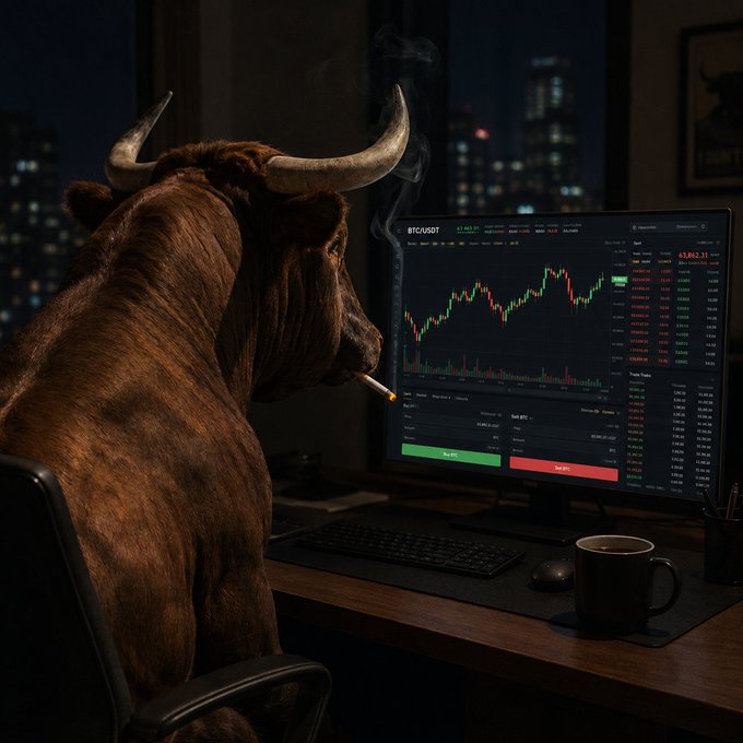 A photorealistic digital image of a large brown bull smoking a cigarette while sitting at a desk looking at a computer screen displaying a Bitcoin/USDT trading chart on an exchange interface.