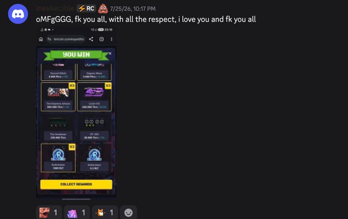 A Discord screenshot from user 'inexkccible' dated 7/25/26 showing a mobile game rewards screen with the message 'oMFgGGG, fk you all, with all the respect, i love you and fk you all'.