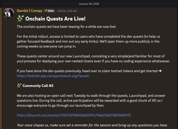 A Discord message from Gambit | Canopy dated 1/30/26 announcing 'Onchain Quests Are Live!', detailing a new Launchpad for deploying nested chains, with links to a testnet faucet and Community Call #2.